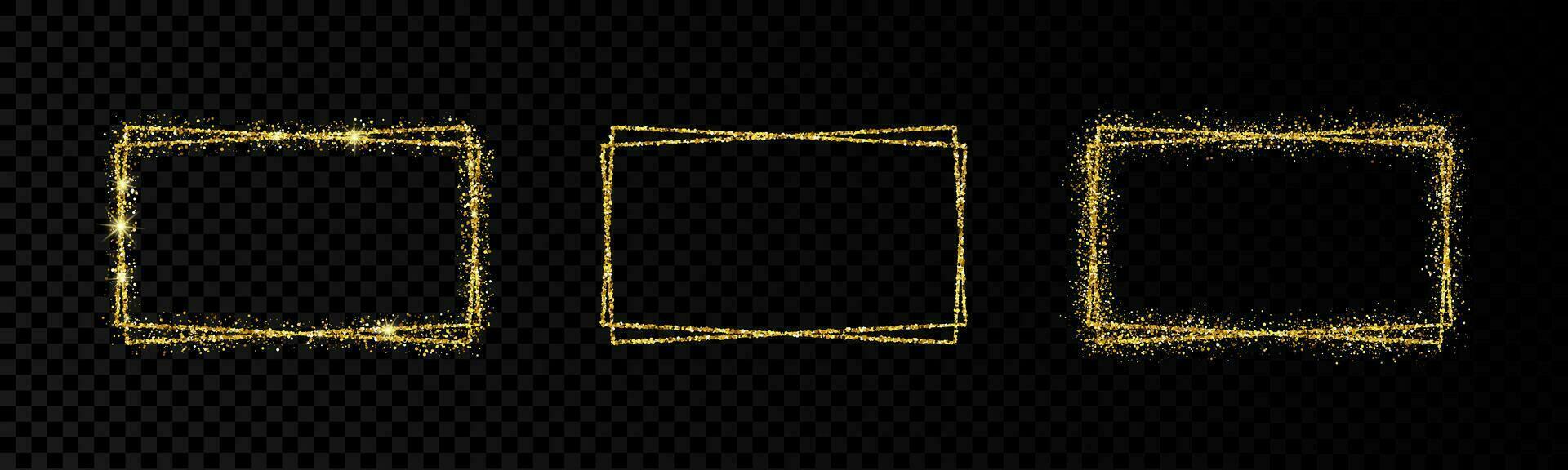 Shiny frames with glowing effects. Set of three glitter gold double rectangular frames on background. Vector illustration