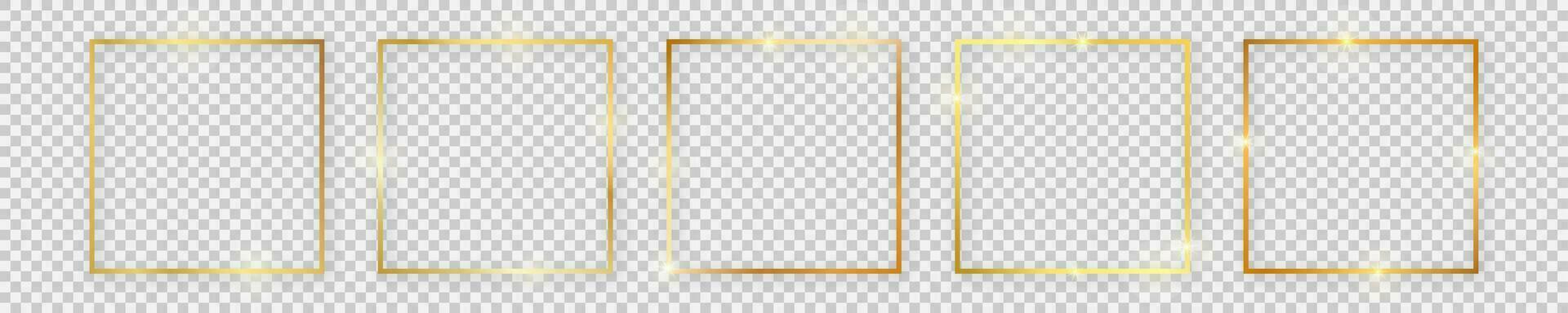 Set of five gold shiny square frames with glowing effects and shadows on background. Vector illustration