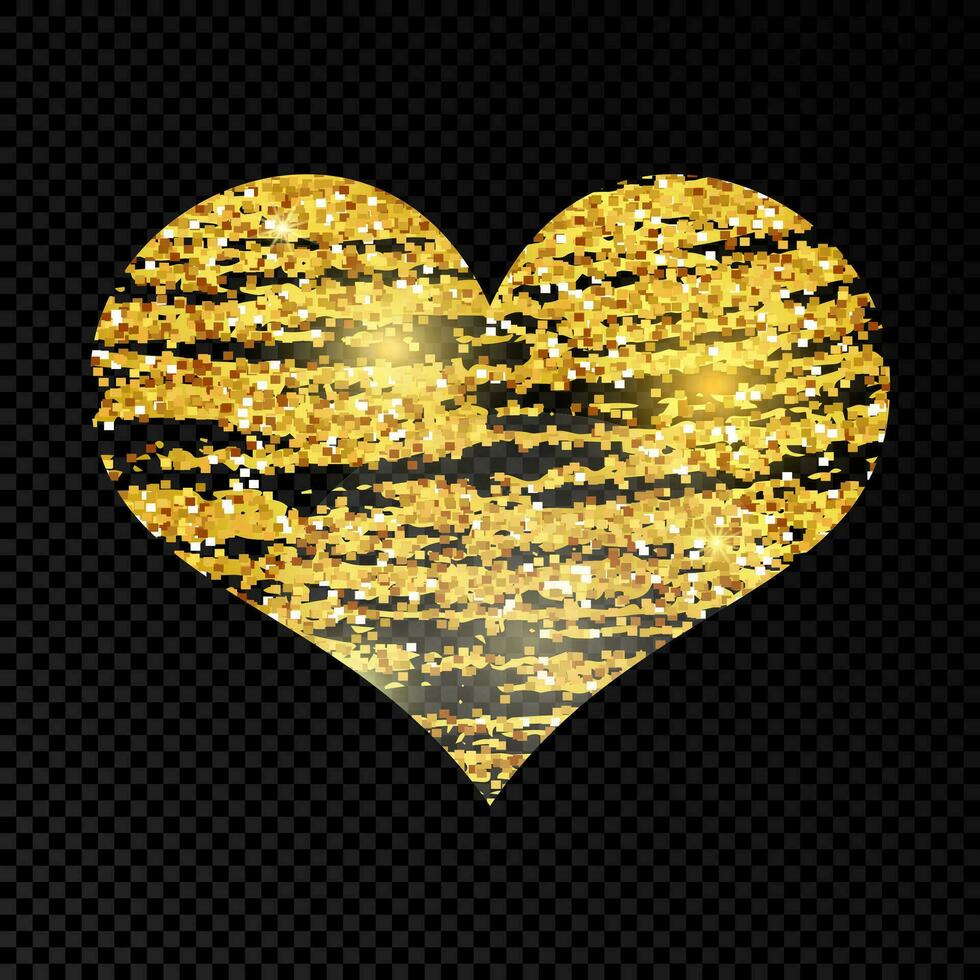 Heart with golden glittering scribble paint on dark background. Background with gold sparkles and glitter effect. Empty space for your text. Vector illustration