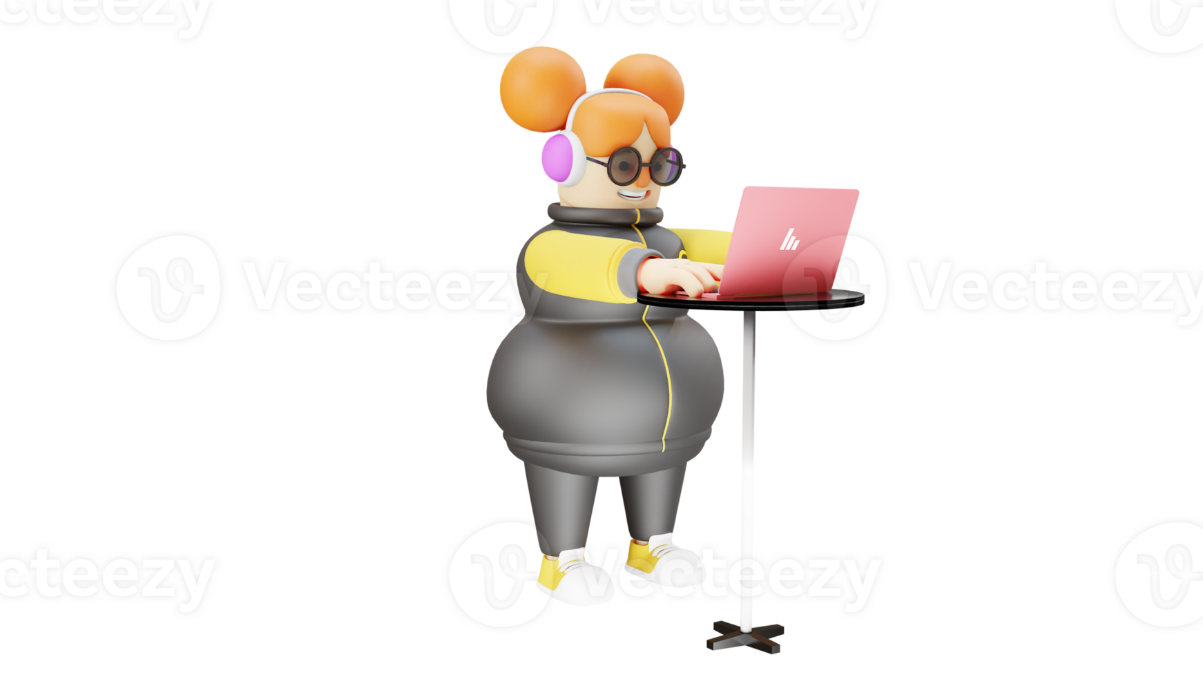 3D Illustration. Student 3D cartoon character. Diligent Student in doing her college assignments. Fat girl stood up while working on a laptop. Young girl using headphones. 3D cartoon character png