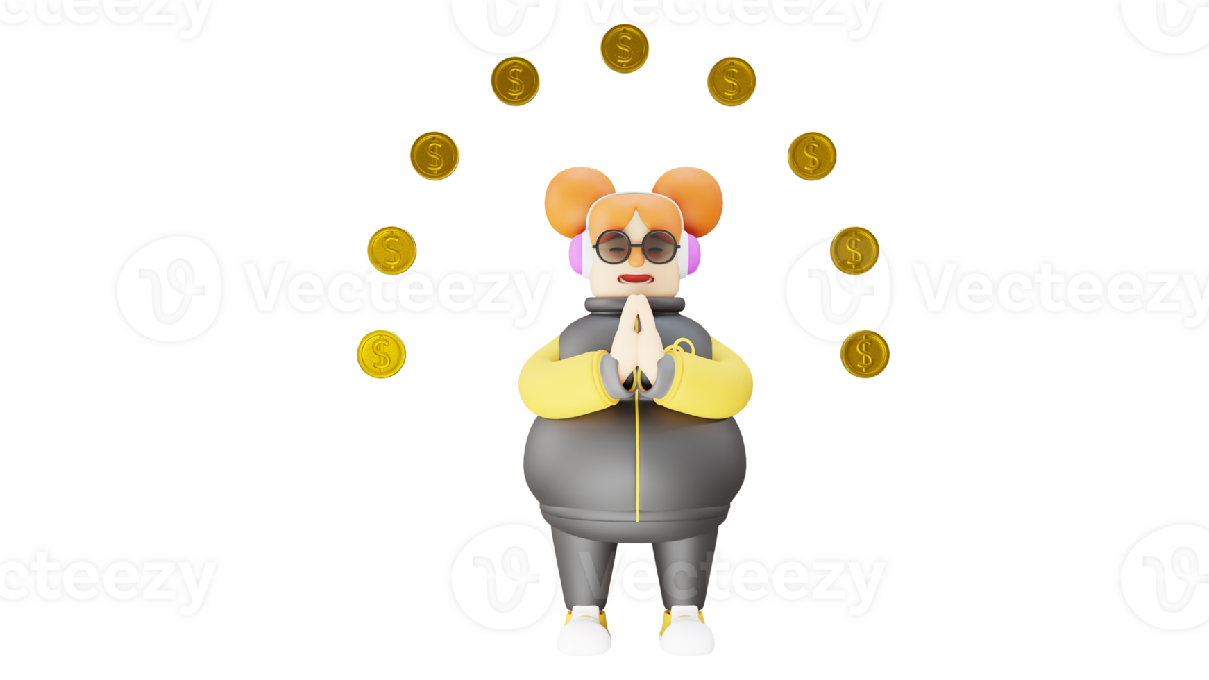 3D Illustration. Rich Girl 3D cartoon character. Funny girl who cupped her hands in front of her chest. Fat girl closing her eyes. Fat girl is surrounded by gold coins. 3D cartoon character png