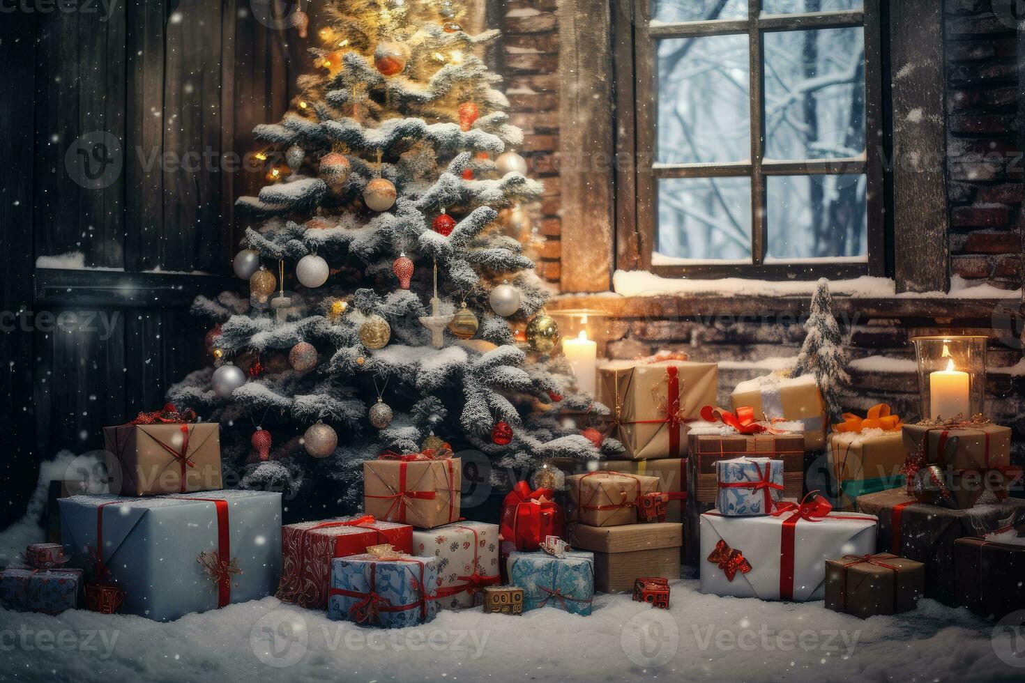 New Year. The gifts are under the tree. Generative AI technology. photo