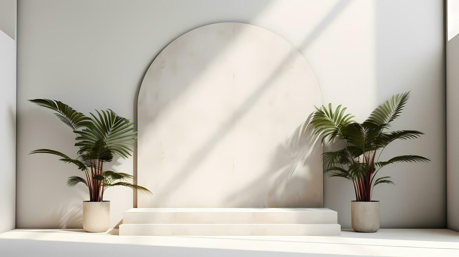 Empty white podium on the counter with leaf shadows from sunlight and plant. AI Generated photo