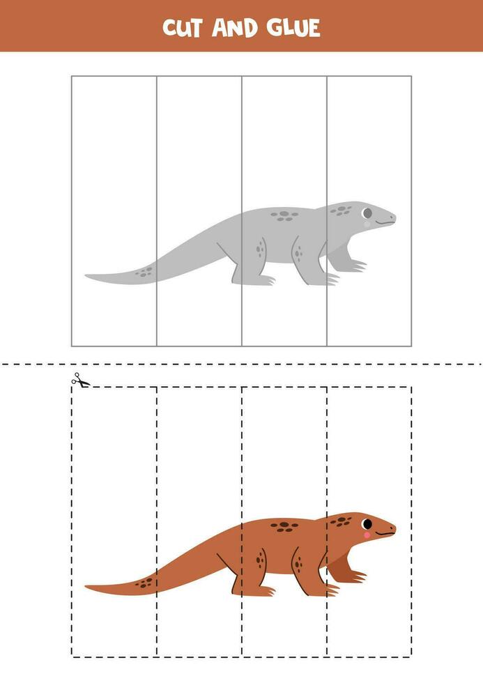 Cut and glue game for kids. Cute cartoon monitor lizard. vector