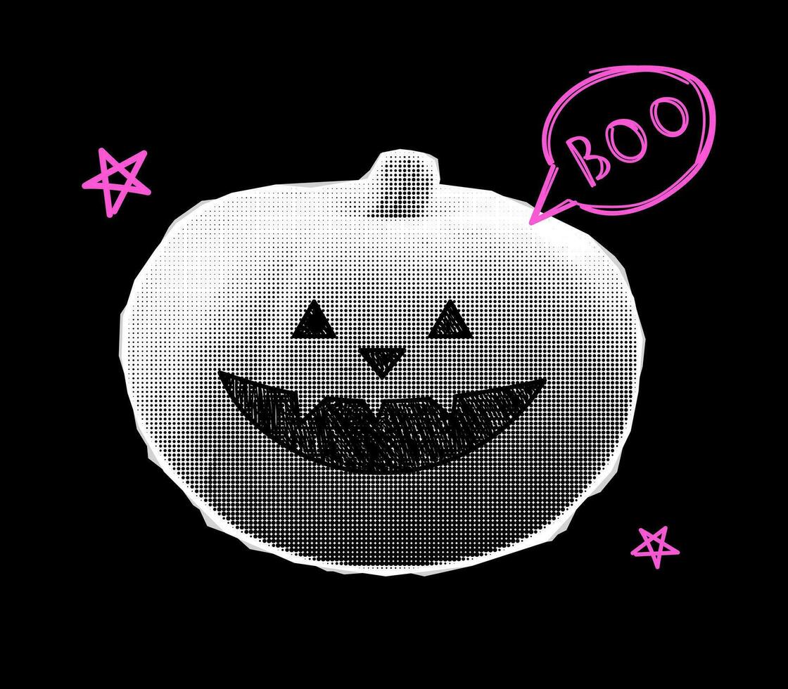 Vector halftone halloween pumpkin and boo text. Illustration of y2k college halftone pumpkin and pink stars. Trendy retro halftone halloween pumpkin with pink element.