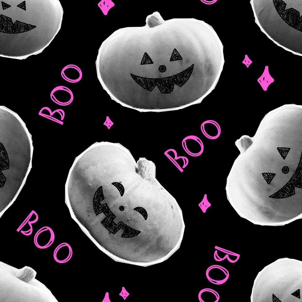 Vector halftone halloween seamless pattern. Trendy y2k 90s punk crazy halftone halloween pumpkin background. Jack o lantern. Black and pink collage halftone pumpkins. Retro emo print.