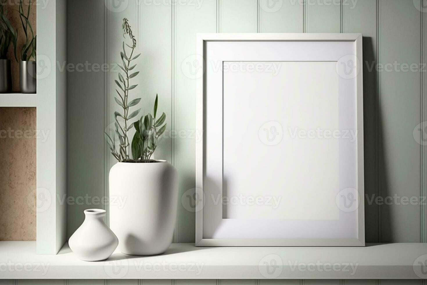 Generative AI. Modern Minimalist Interior, Empty Vertical Frame Mockup with Trendy Plant photo