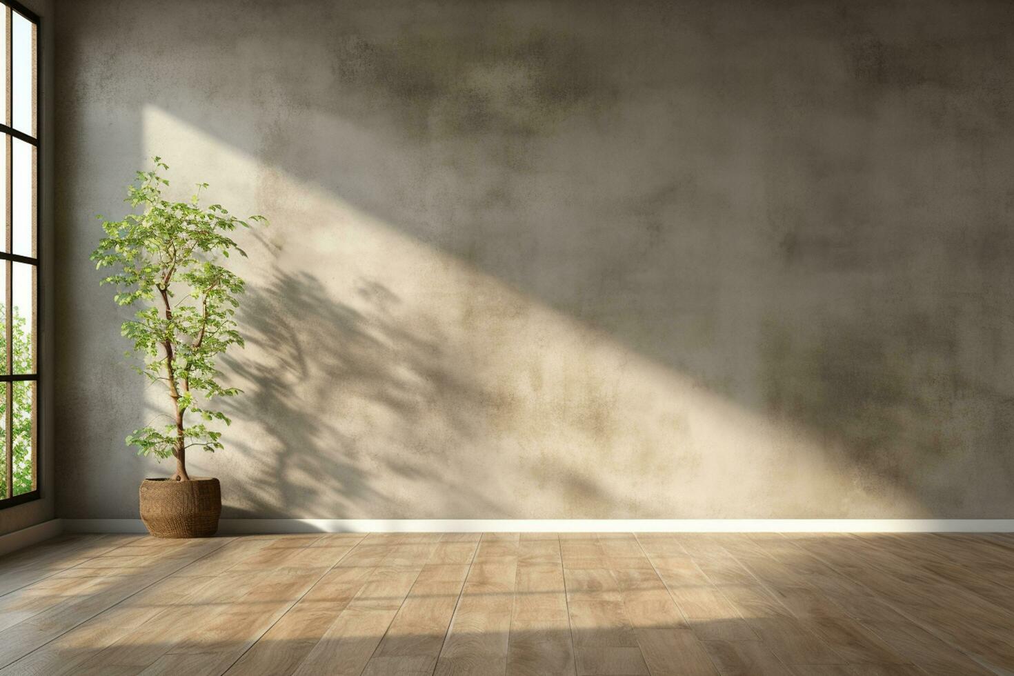 Empty room interior with concrete walls, wooden floor with light from window. Generative ai. photo