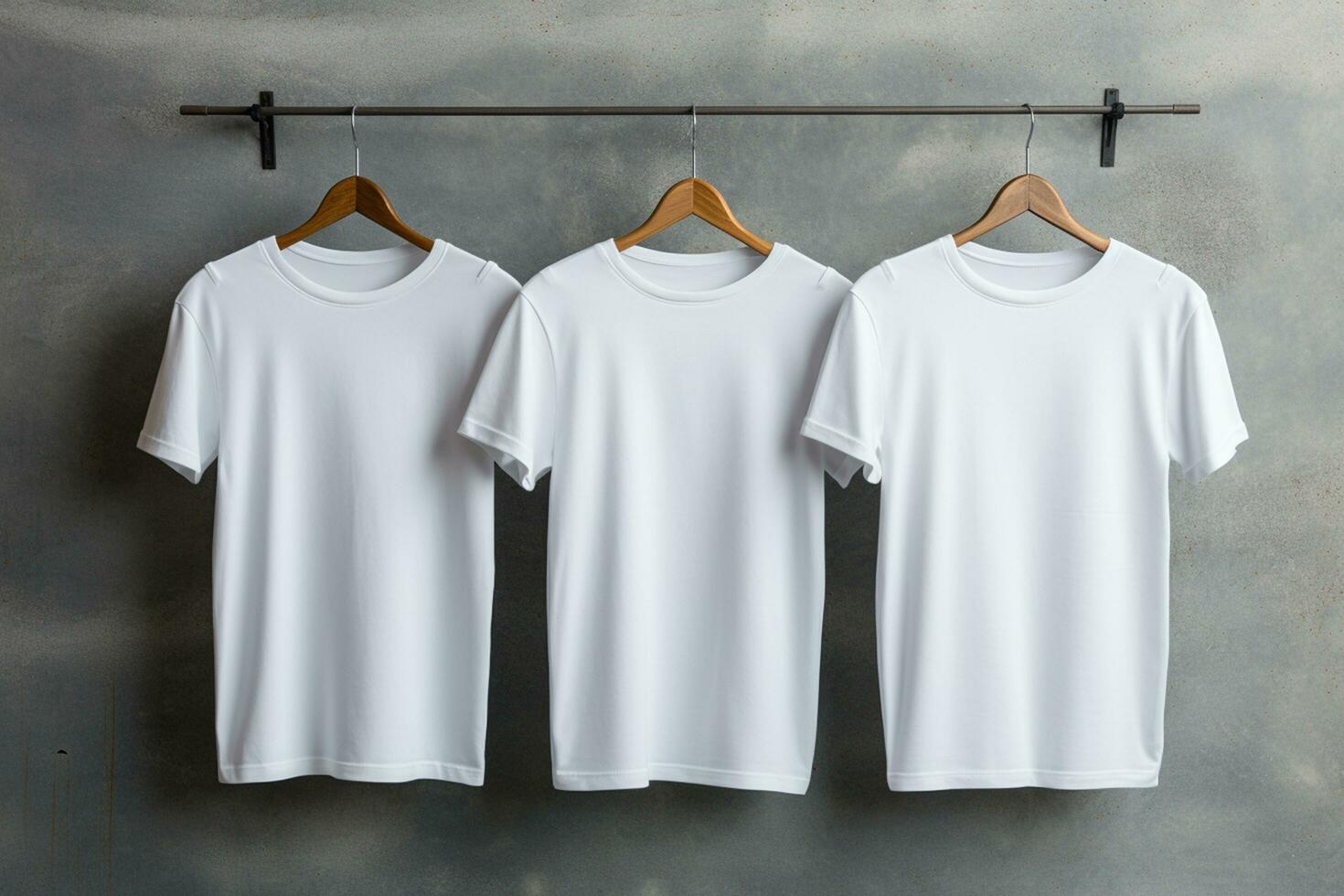 3 white t shirts on grey background. Generative ai. photo