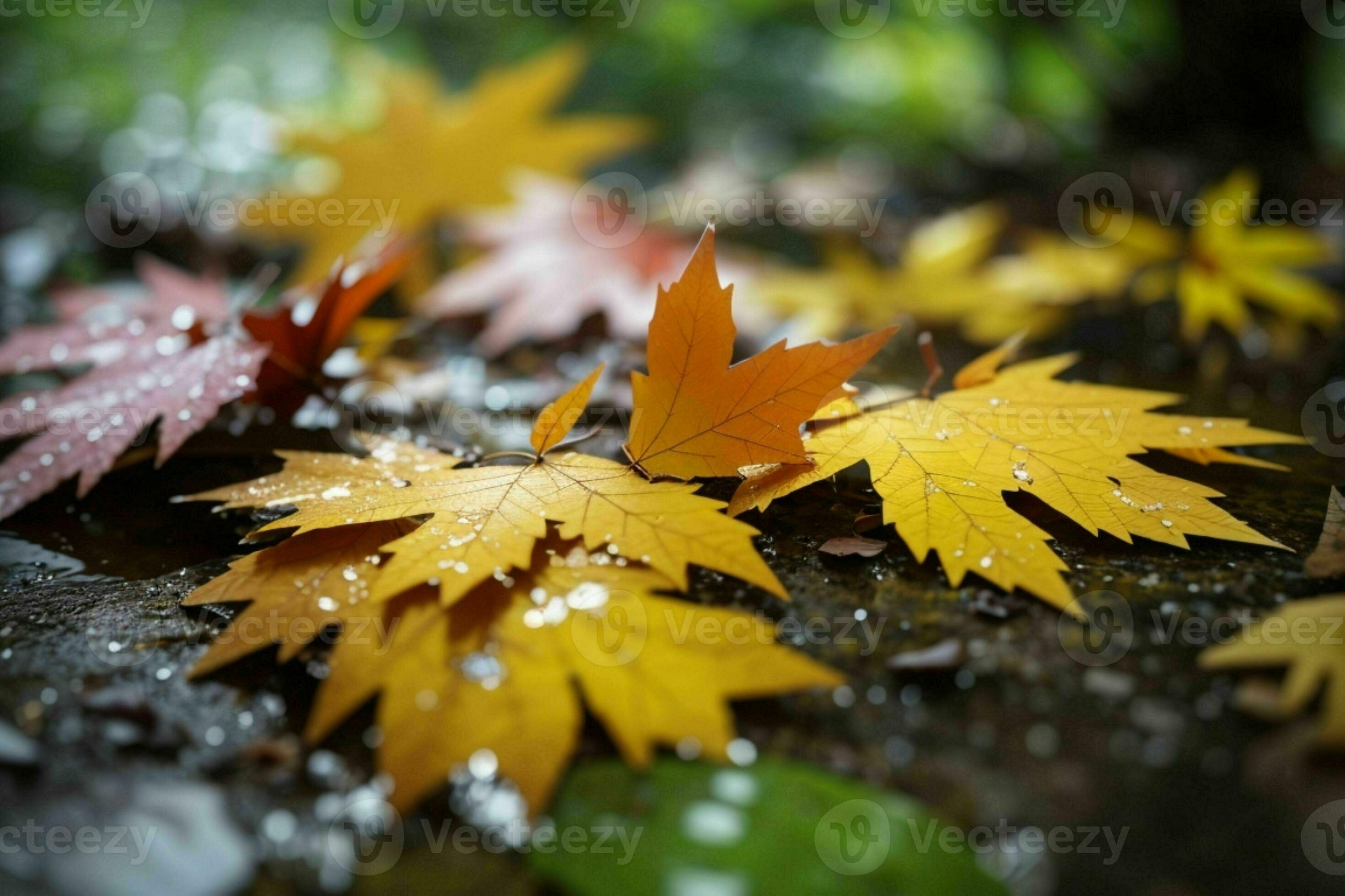 Close up macro photography of wet leaves in the rainy season. Pro Photo