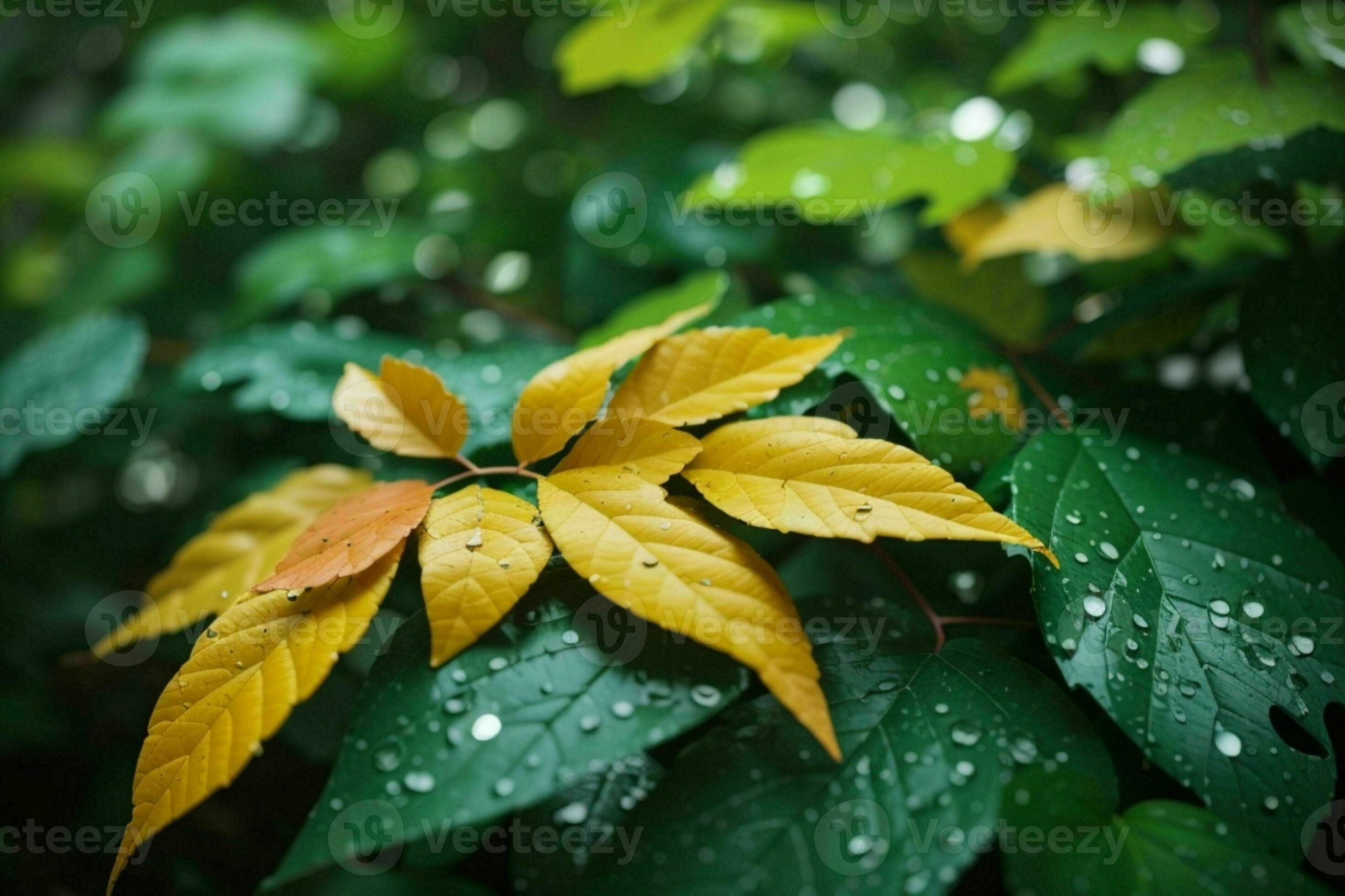Close up macro photography of wet leaves in the rainy season. Pro Photo