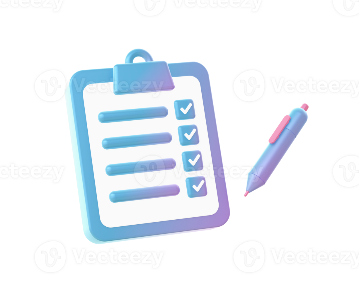 3d render of Gradient clipboard checklist form with pen illustration icons for web social media ads designs png