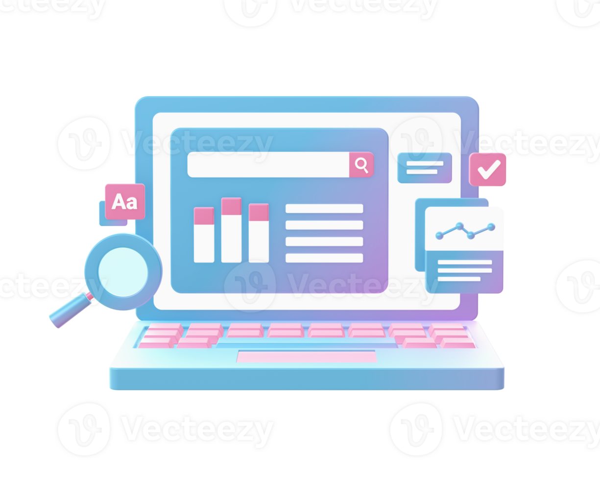 3d render of Gradient statistic graph infographic on laptop device illustration icons for UI UX web mobile apps ads png
