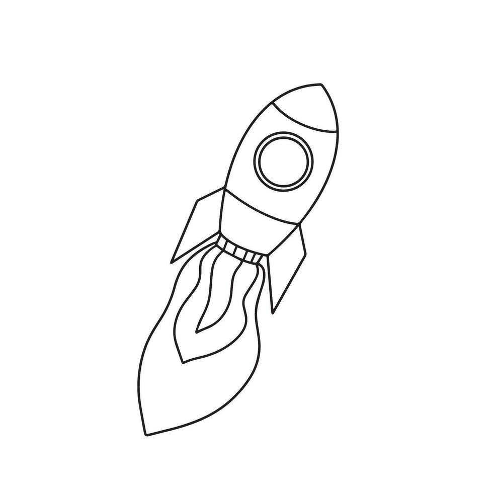 Outline rocket ship with fire. Isolated on white. Flat line icon. Vector illustration with flying rocket. Space travel. Project start up sign. Creative idea symbol. Black and white.