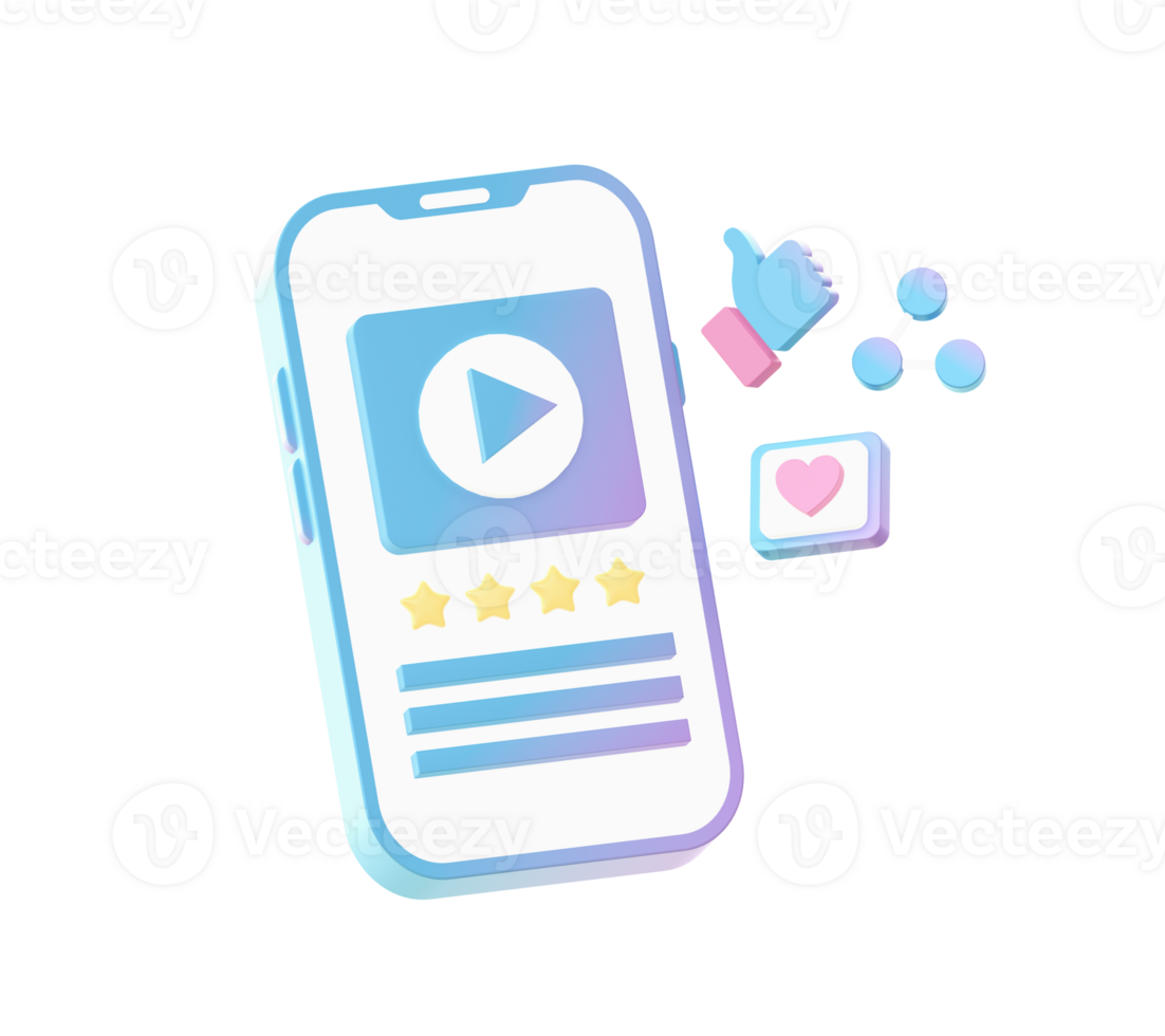 3d render of Gradient smartphone video like and share illustration icons for UI UX web mobile apps ads png