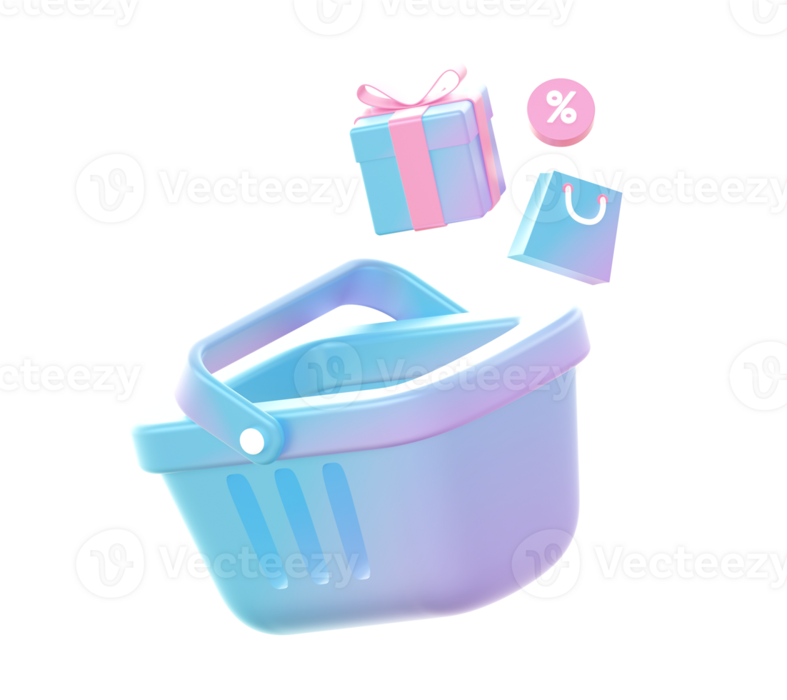 3d render of Gradient shopping basket with bag and gift illustration icons for UI UX web social media ads designs png