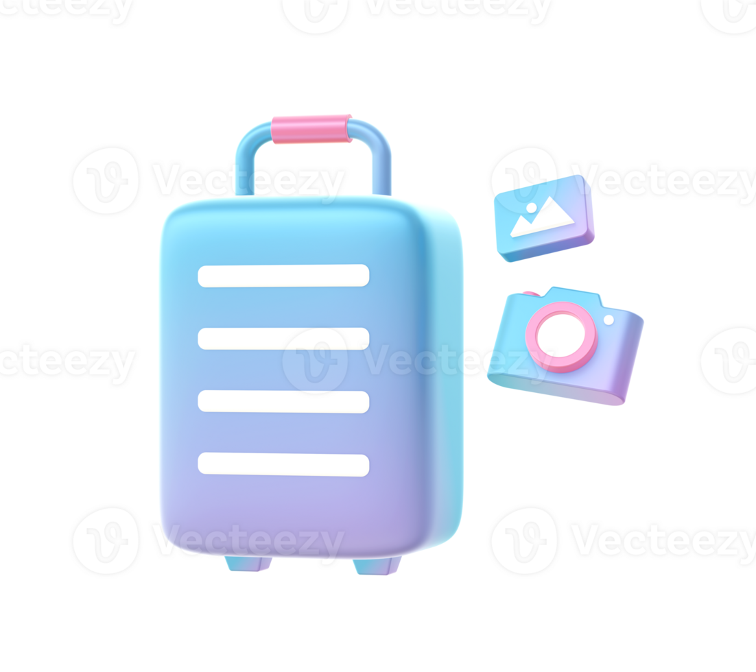 3d render of Gradient holiday suitcase luggage with camera illustration icons for UI UX png