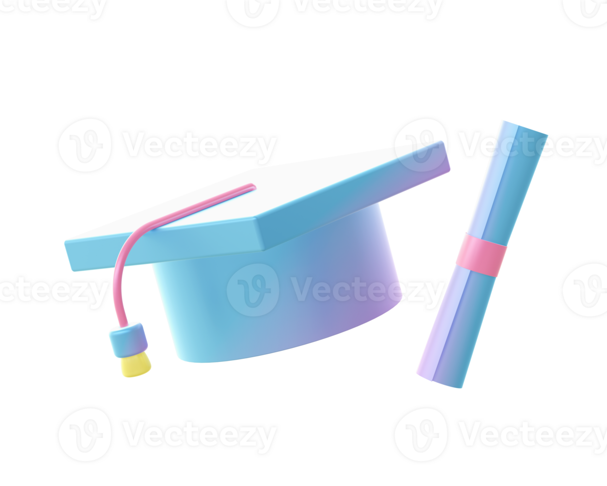 3d render of Gradient college education graduation hat toga and scroll illustration icons for UI UX png