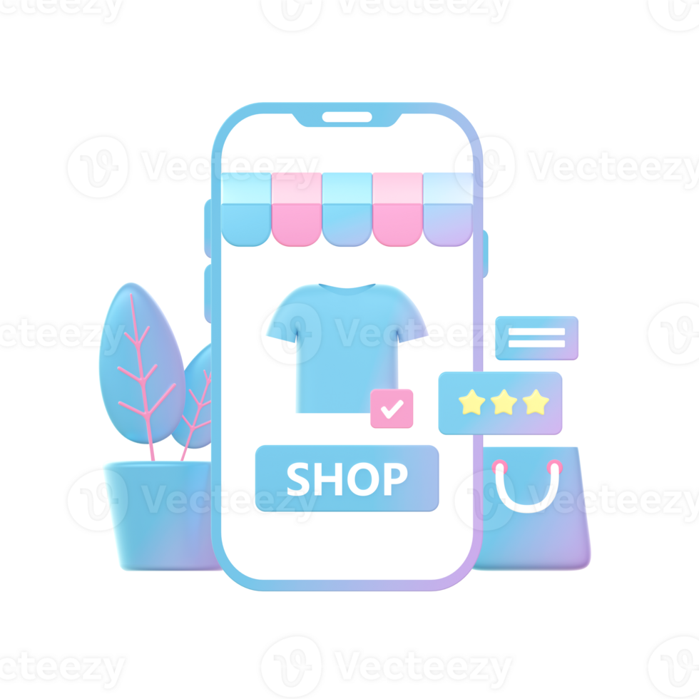 3d render of Gradient online shop on smartphone illustration icons for UI UX web social media ads designs png