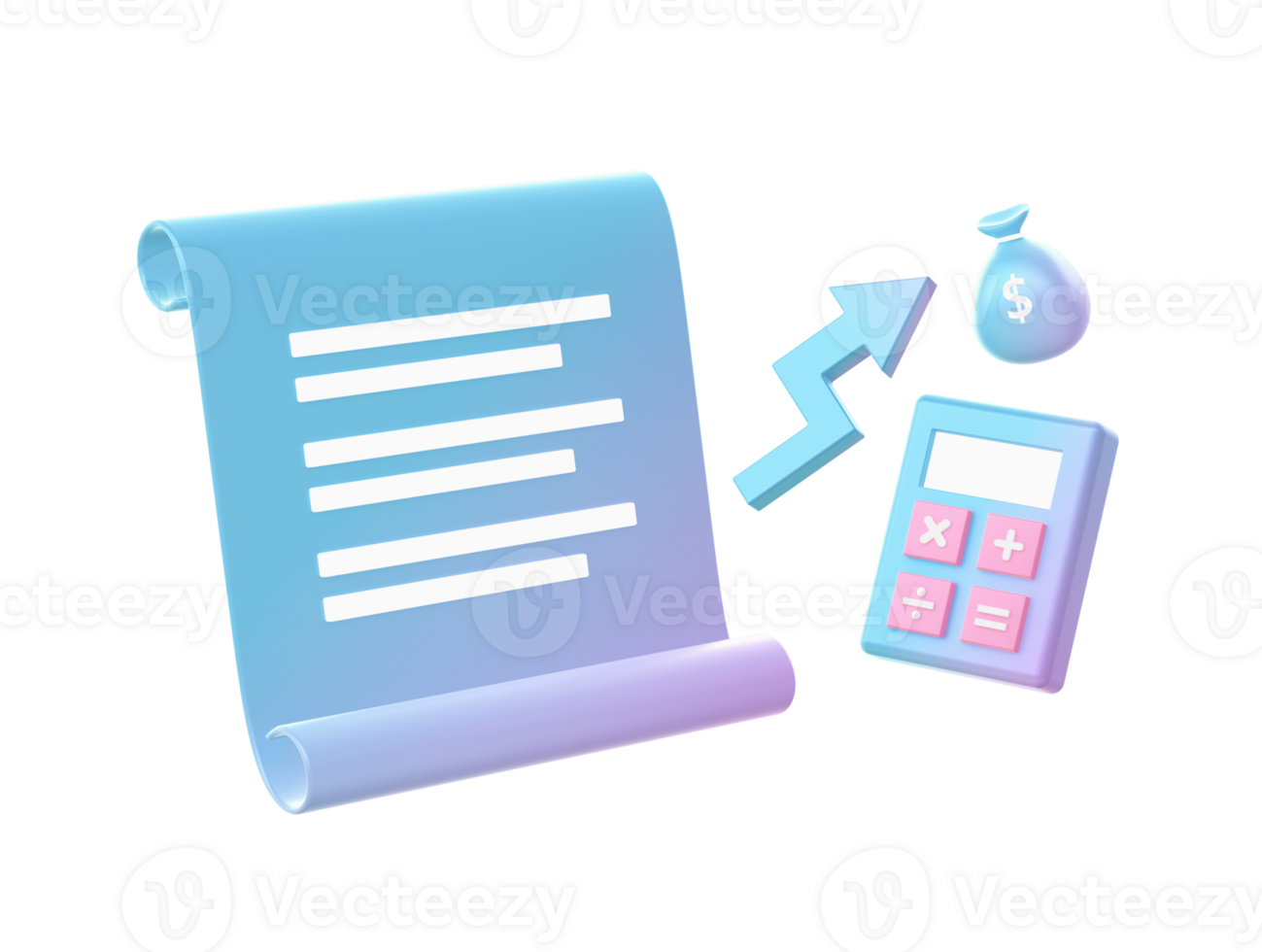 3d render of Gradient finance note with calculator illustration icons for UI UX web mobile apps ads png