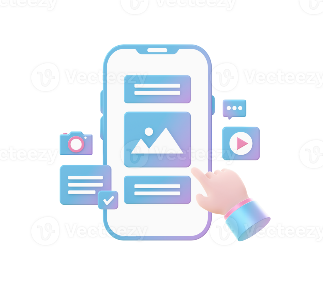 3d geven van helling smartphone met video beeld en camera illustratie pictogrammen voor ui ux png