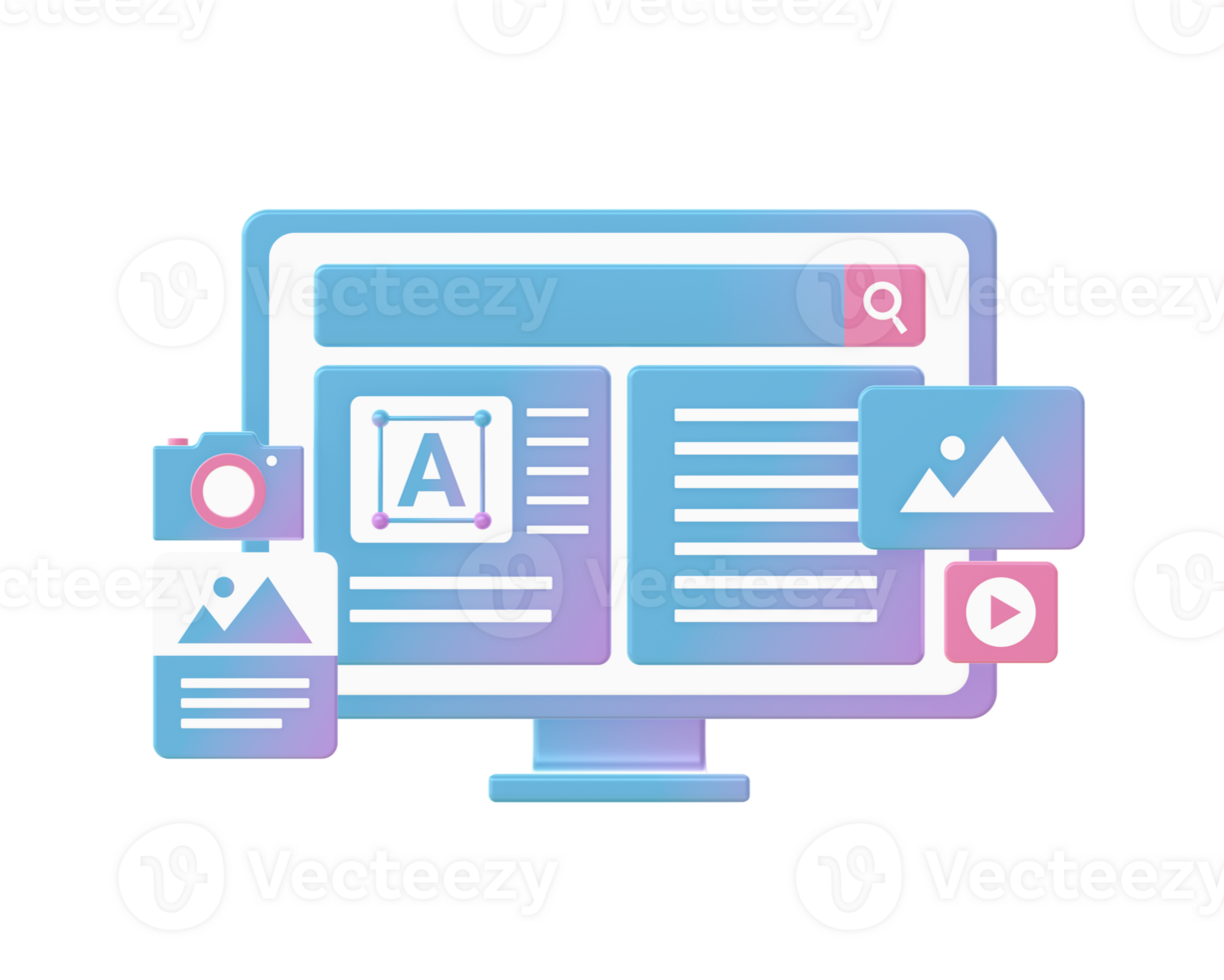 3d render of Gradient computer monitor with creative tasks illustration icons for web social media ads designs png