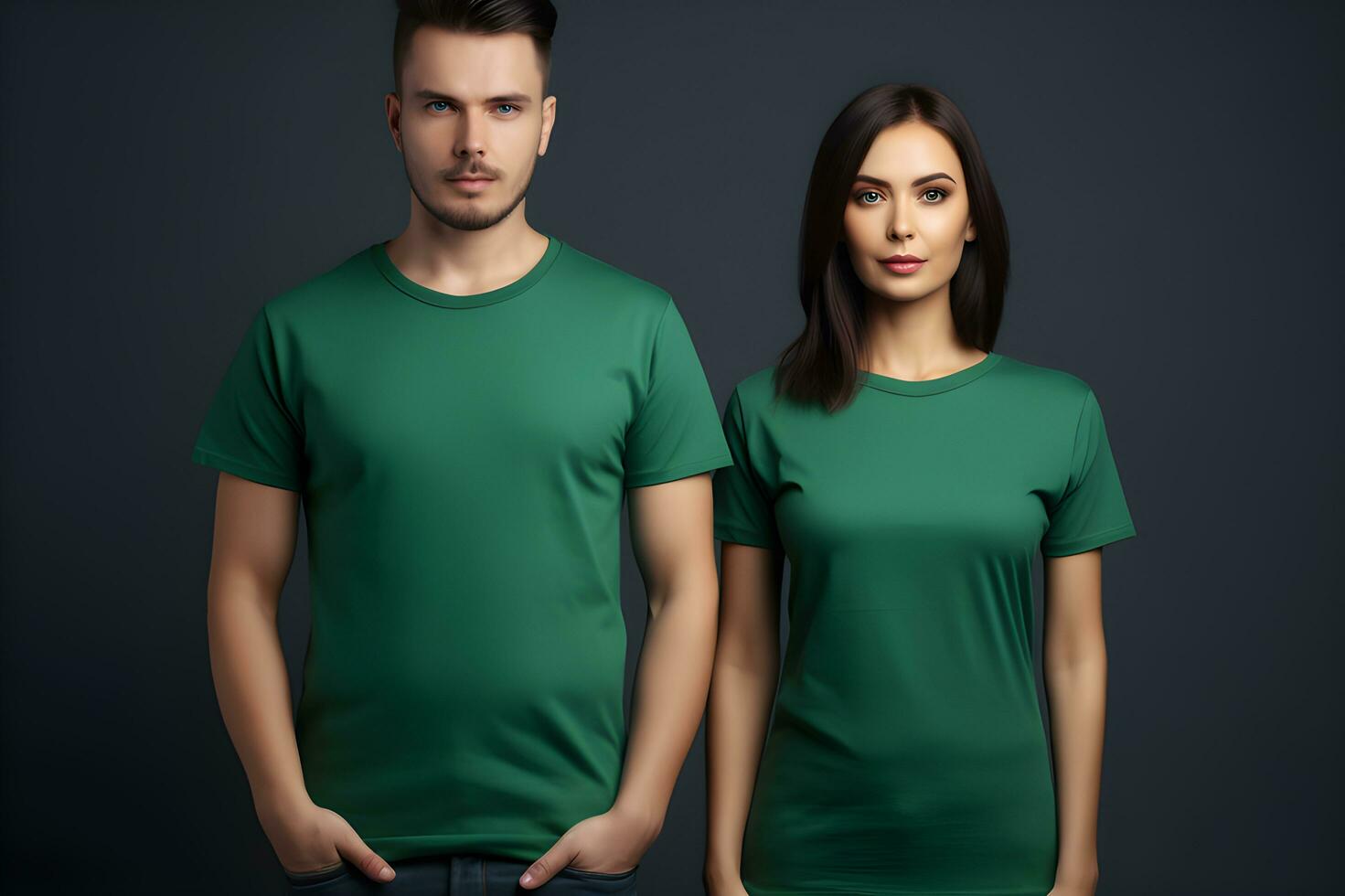 Generative AI. Blank Green T-Shirt Mockup on Male and Female Model Showcase Your Designs in Style photo