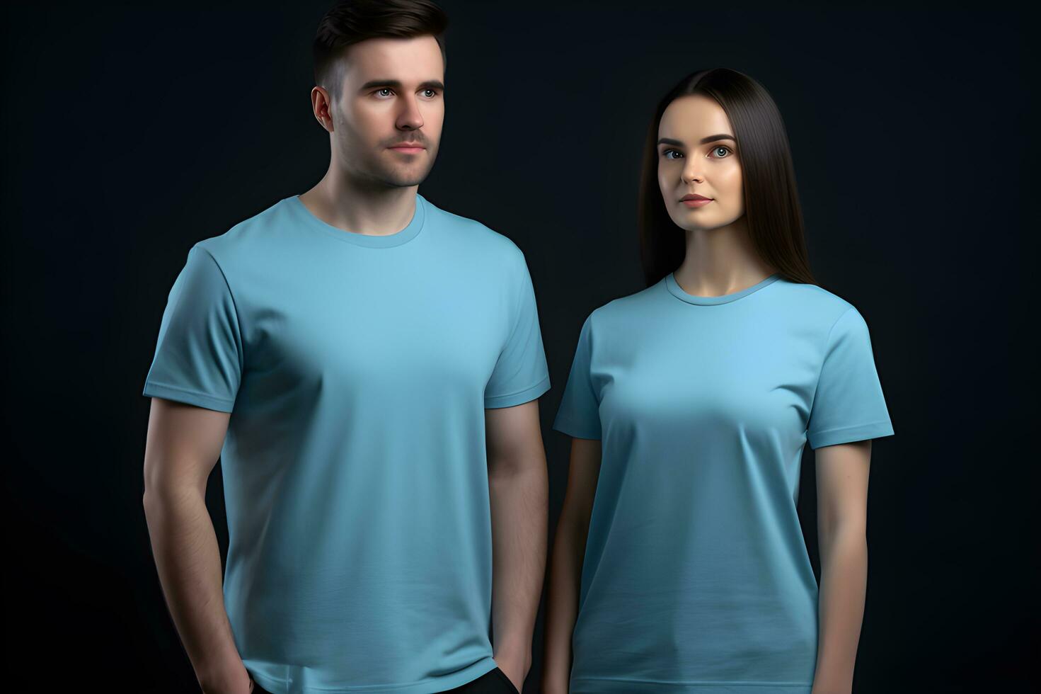 generativo ai. blanco azul camiseta Bosquejo en masculino y hembra modelo escaparate tu diseños en estilo foto