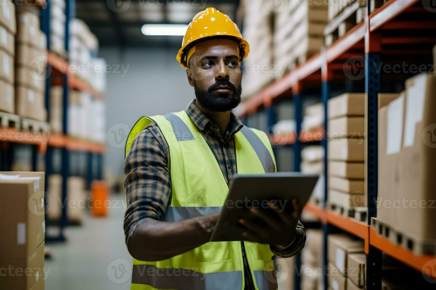 Warehouse Supervisor Using Digital Tablet to Manage Operations. Generative AI. photo