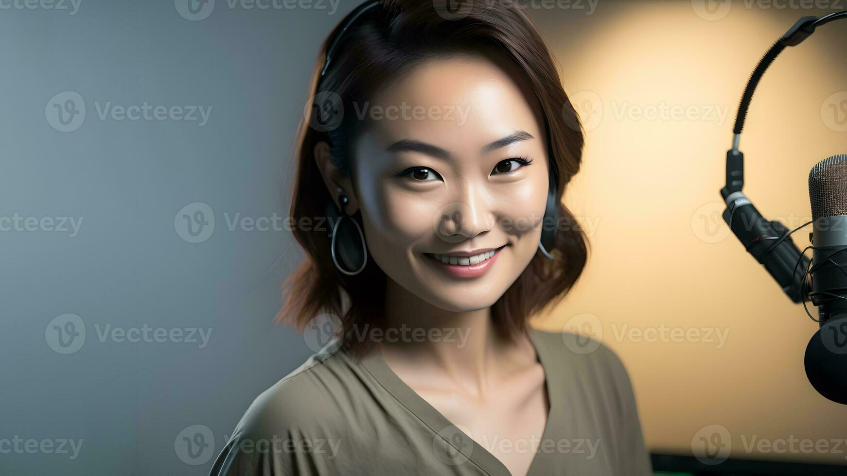 Asian Radio Host with Headphones and Microphone Smiling. Generative AI photo