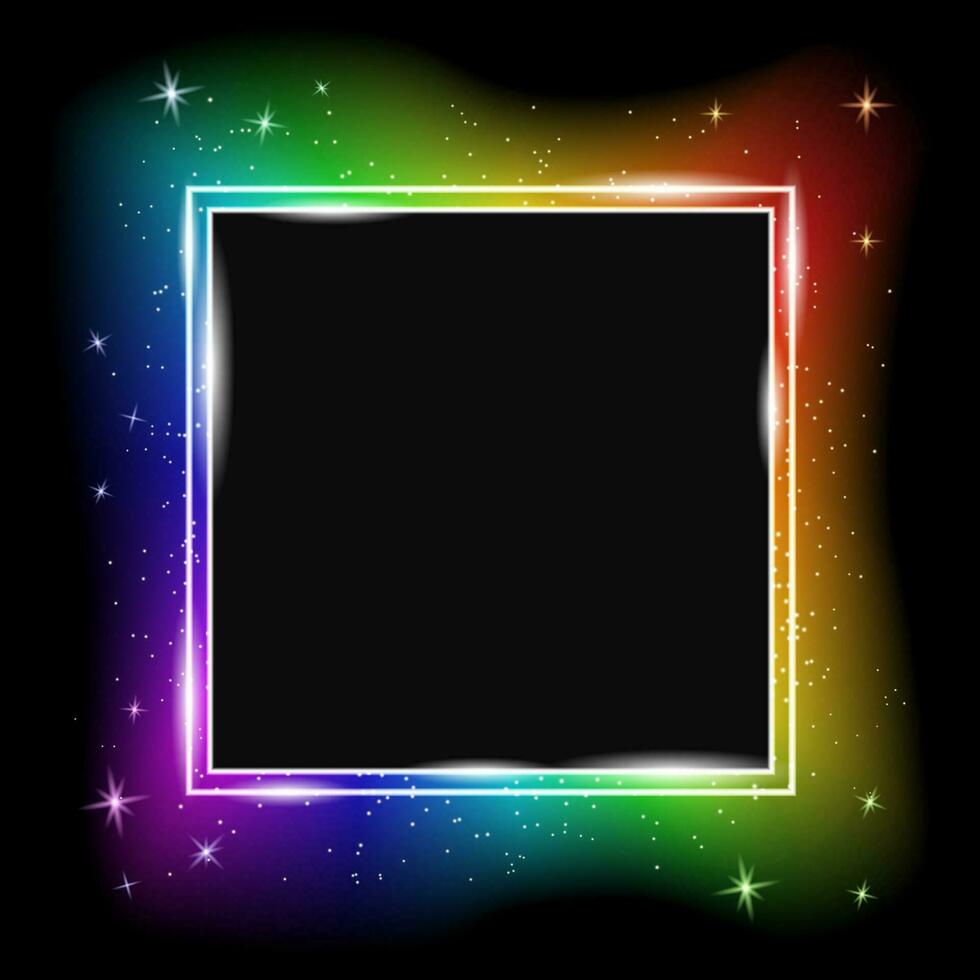 Square picture frame with rainbow magical light around it, vector illustration, copy space, background, border.