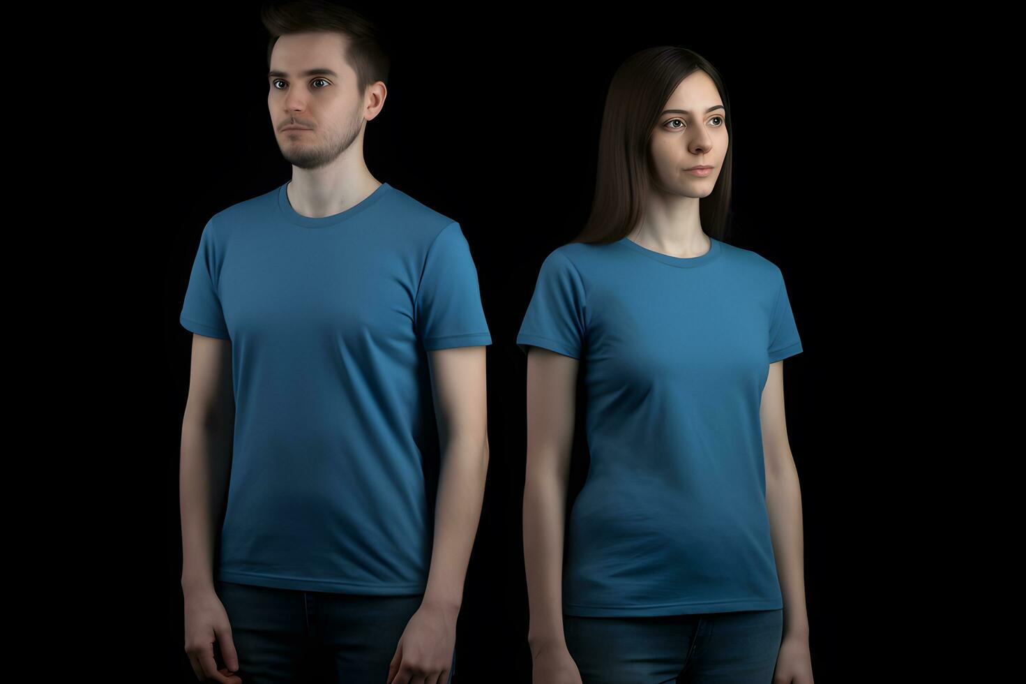 Generative AI. Blank Blue T-Shirt Mockup on Male and Female Model Showcase Your Designs in Style photo