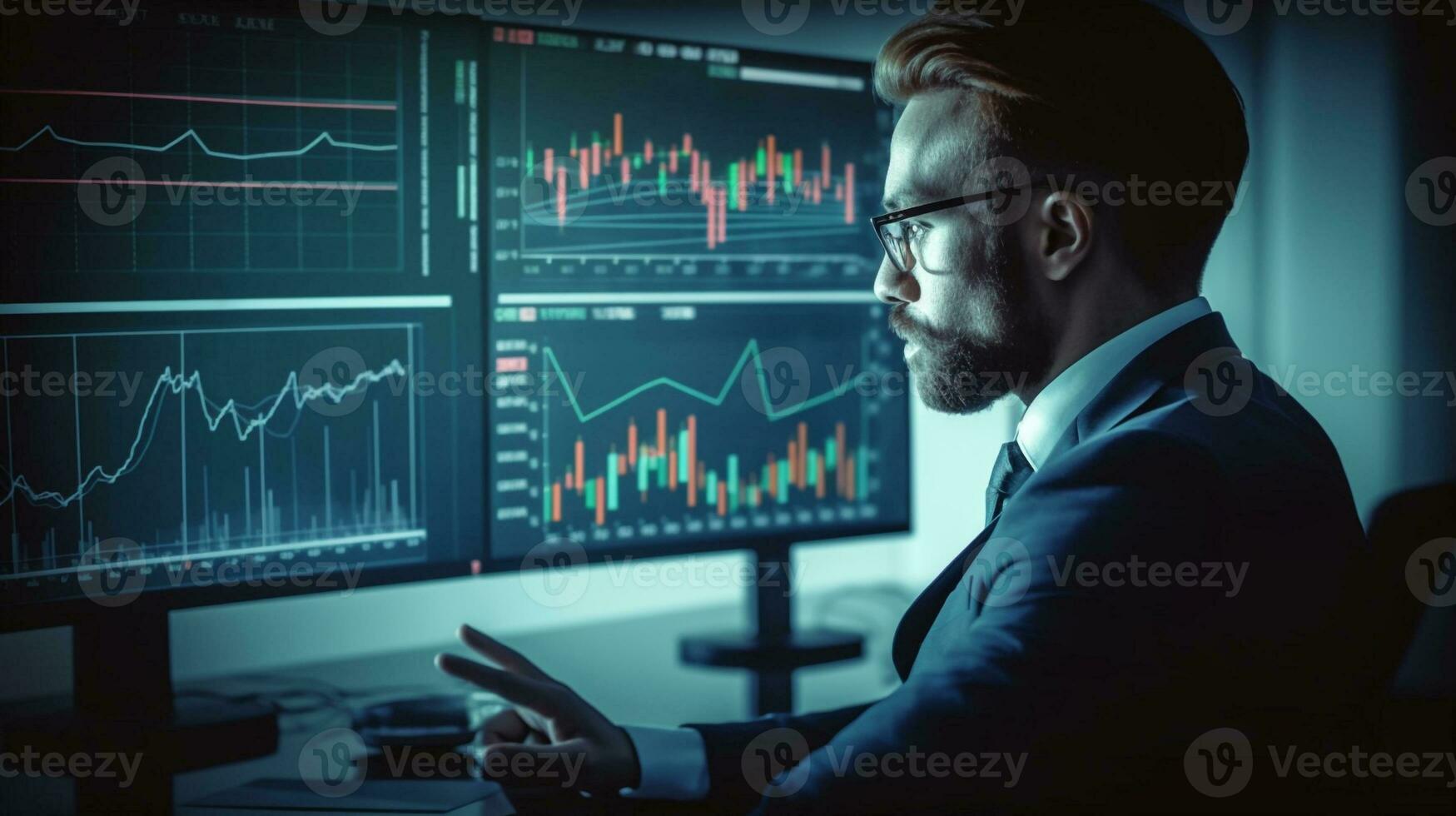 Generative Ai. Businessman Analyzing Investment Strategies Through Multiple Graphs on Screen photo