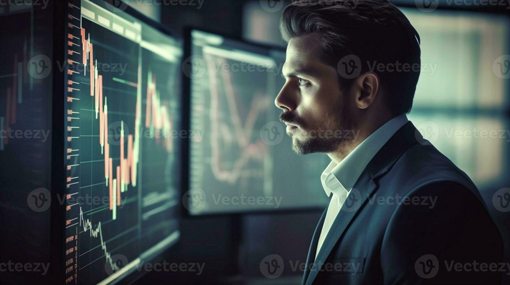 Generative Ai. Businessman Analyzing Investment Strategies Through Multiple Graphs on Screen photo