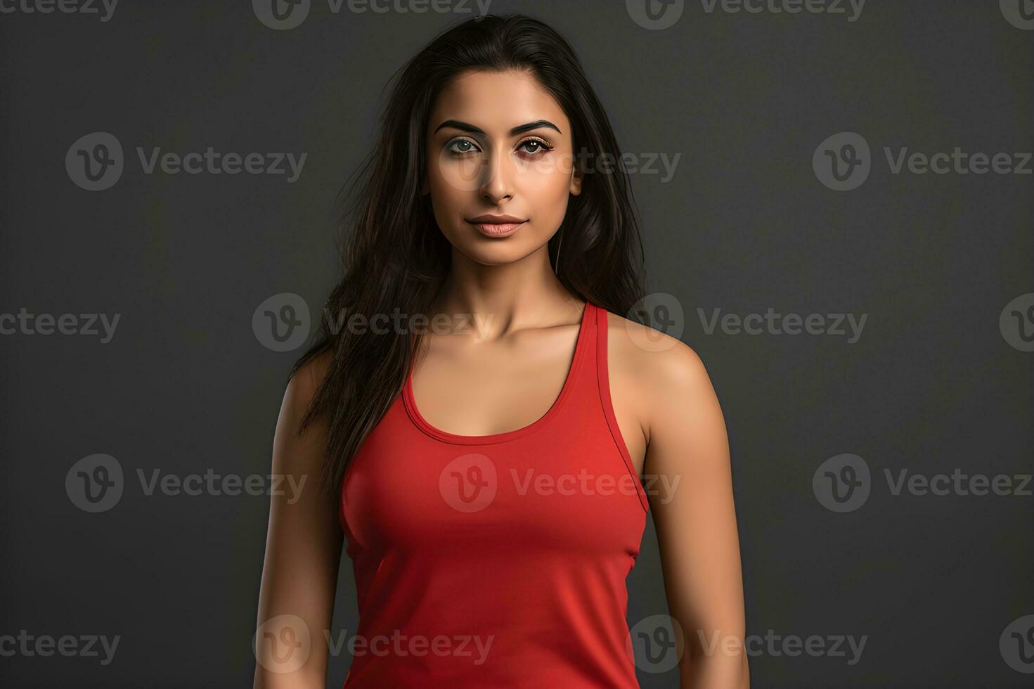 Generative AI. Blank Red Tank top Mock up on Female Model Showcase Your Designs in Style photo