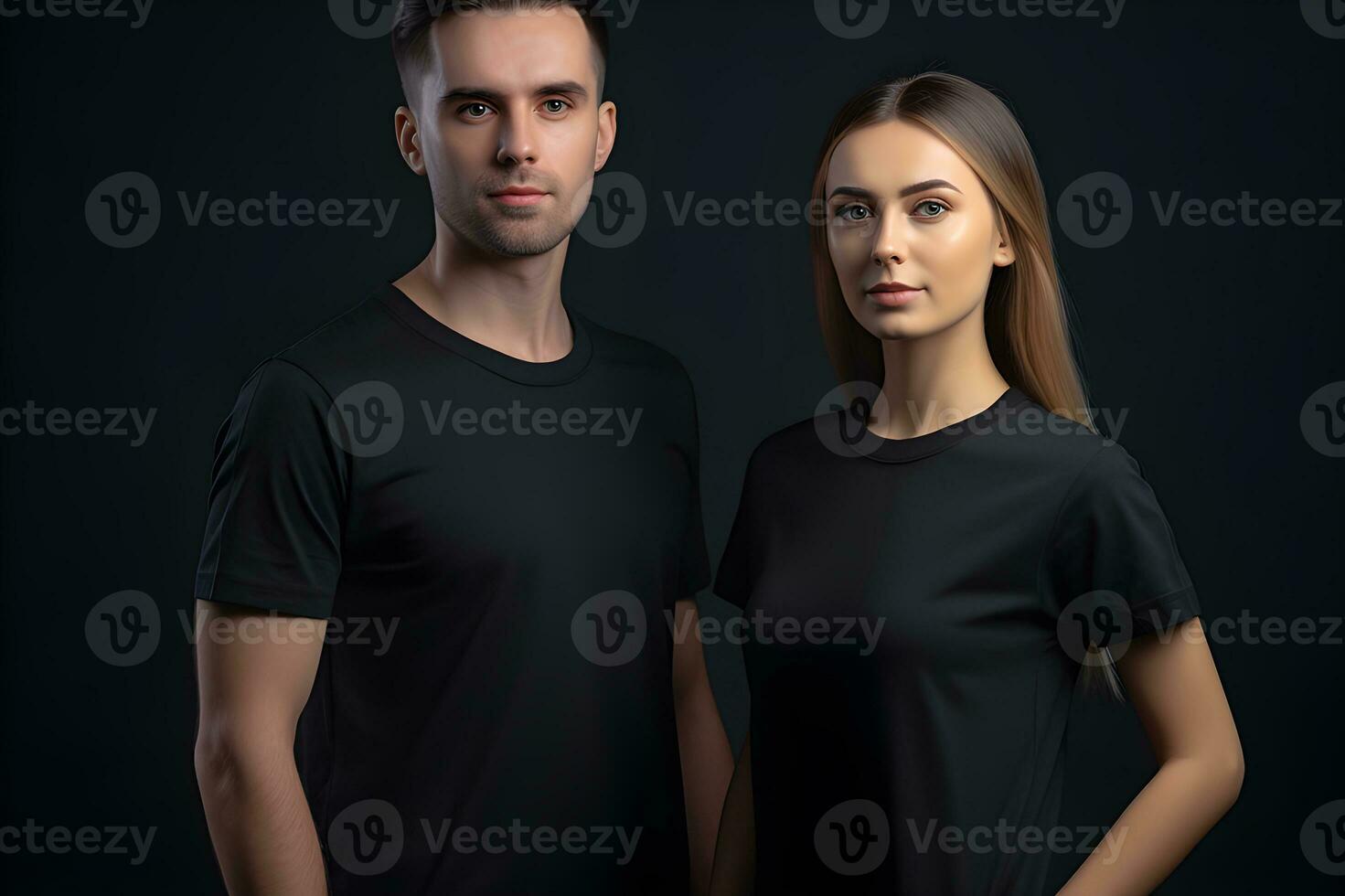 Generative AI. Blank Black T-Shirt Mockup on Male and Female Model Showcase Your Designs in Style photo