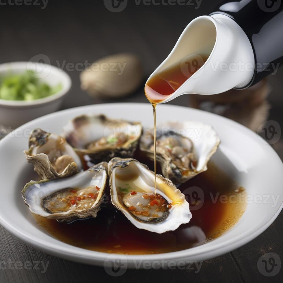 Shellfish sauce. Authentic oyster sauce served in an oyster shell. . photo