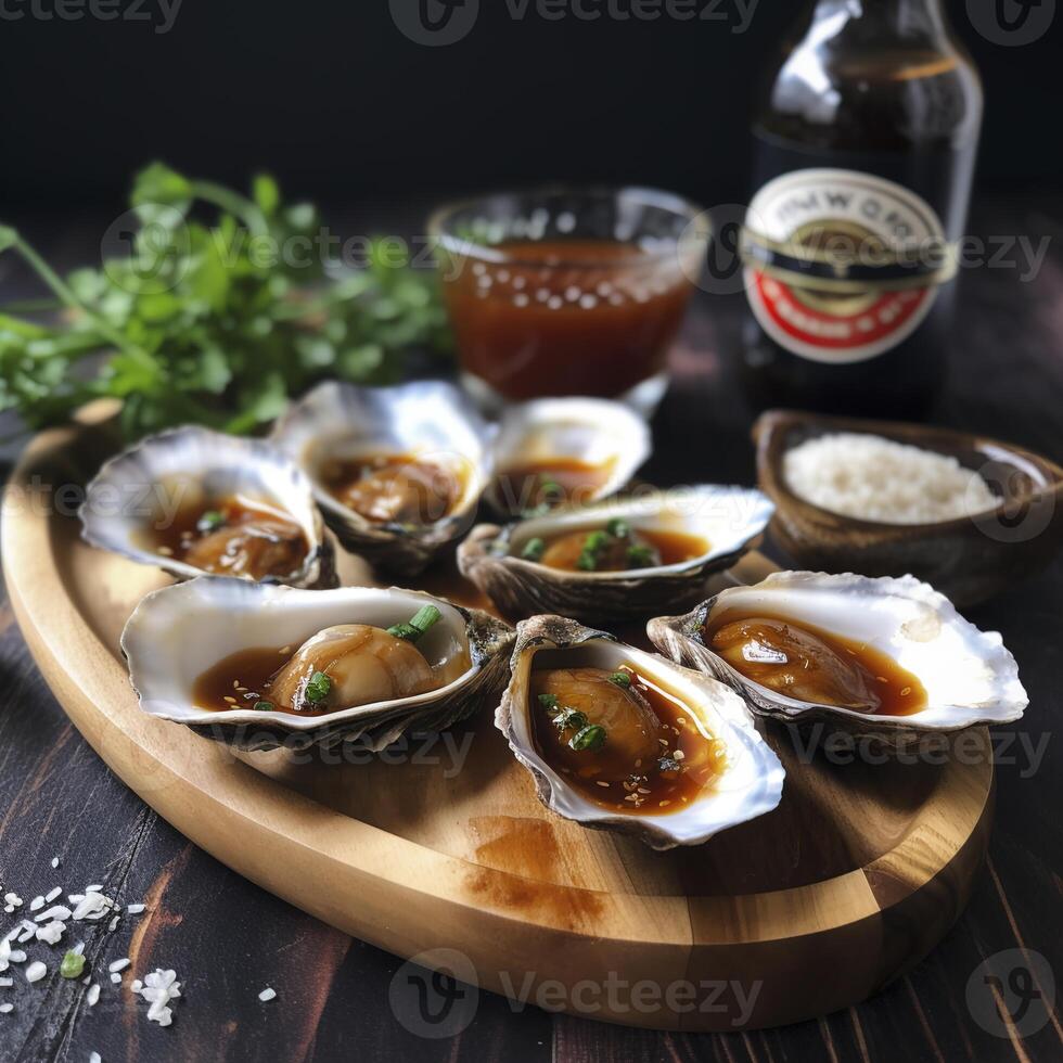 Shellfish sauce. Authentic oyster sauce served in an oyster shell. . photo