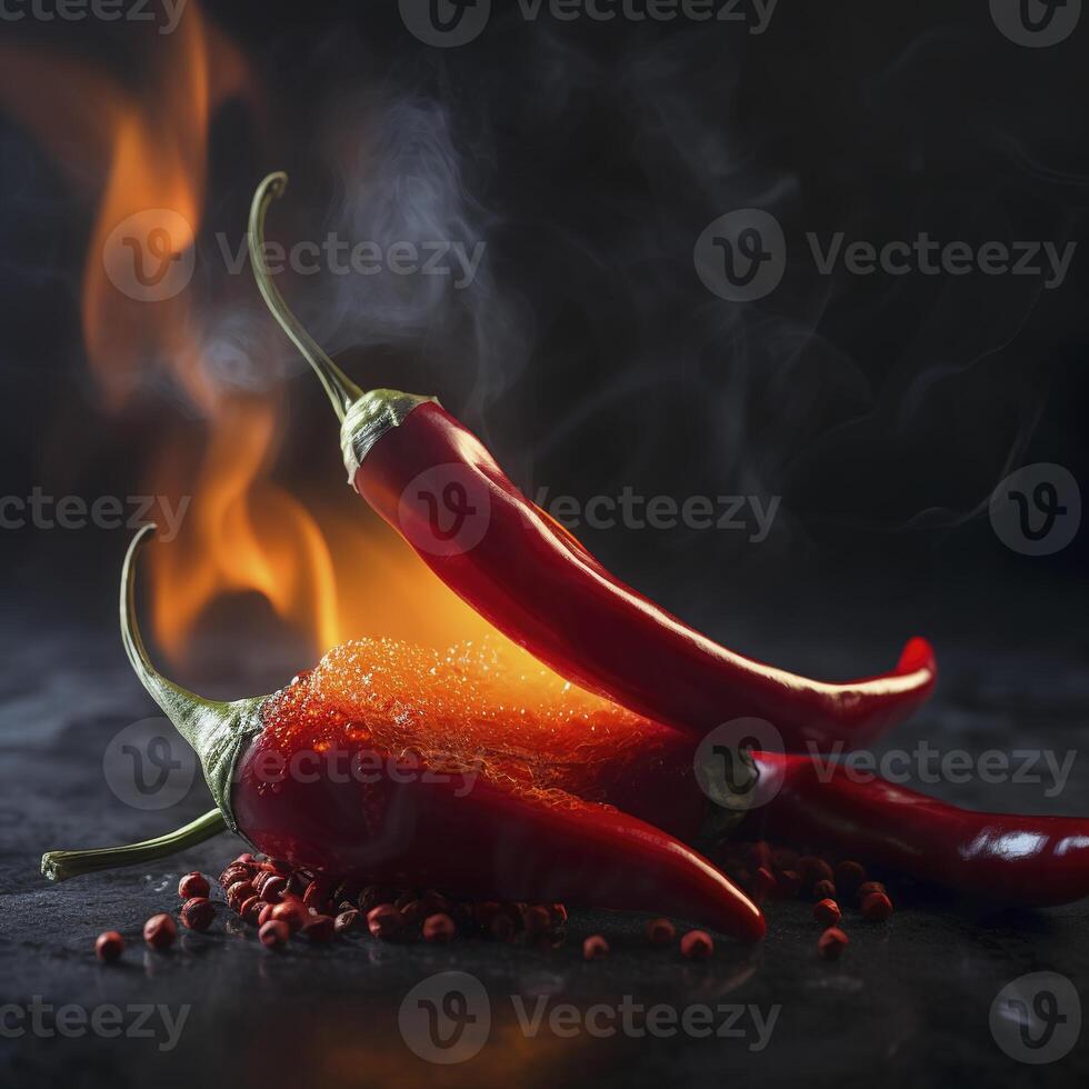 spicy chili peppers that pack a punch. The burning sensation of spicy food and spices is symbolized by a fresh red chili pepper in flames. . photo