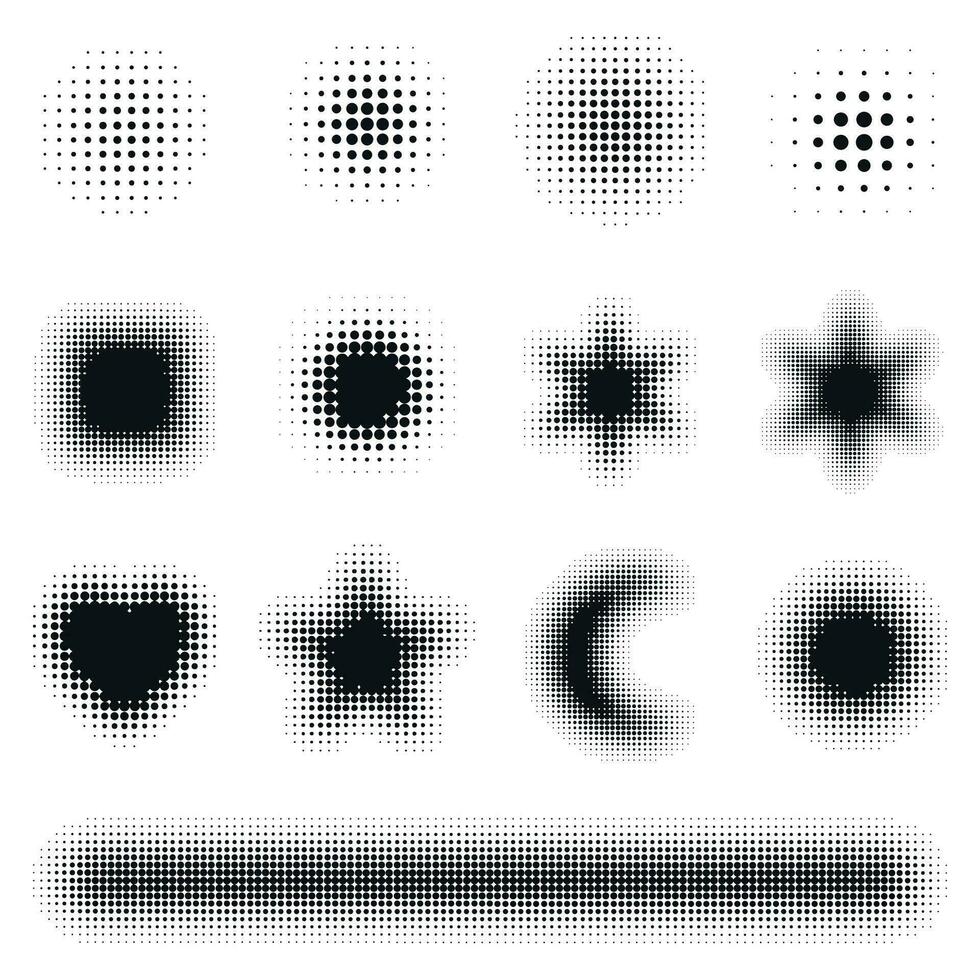 Collection of various vector halftone shapes. gradient dots design. Isolated black dots.