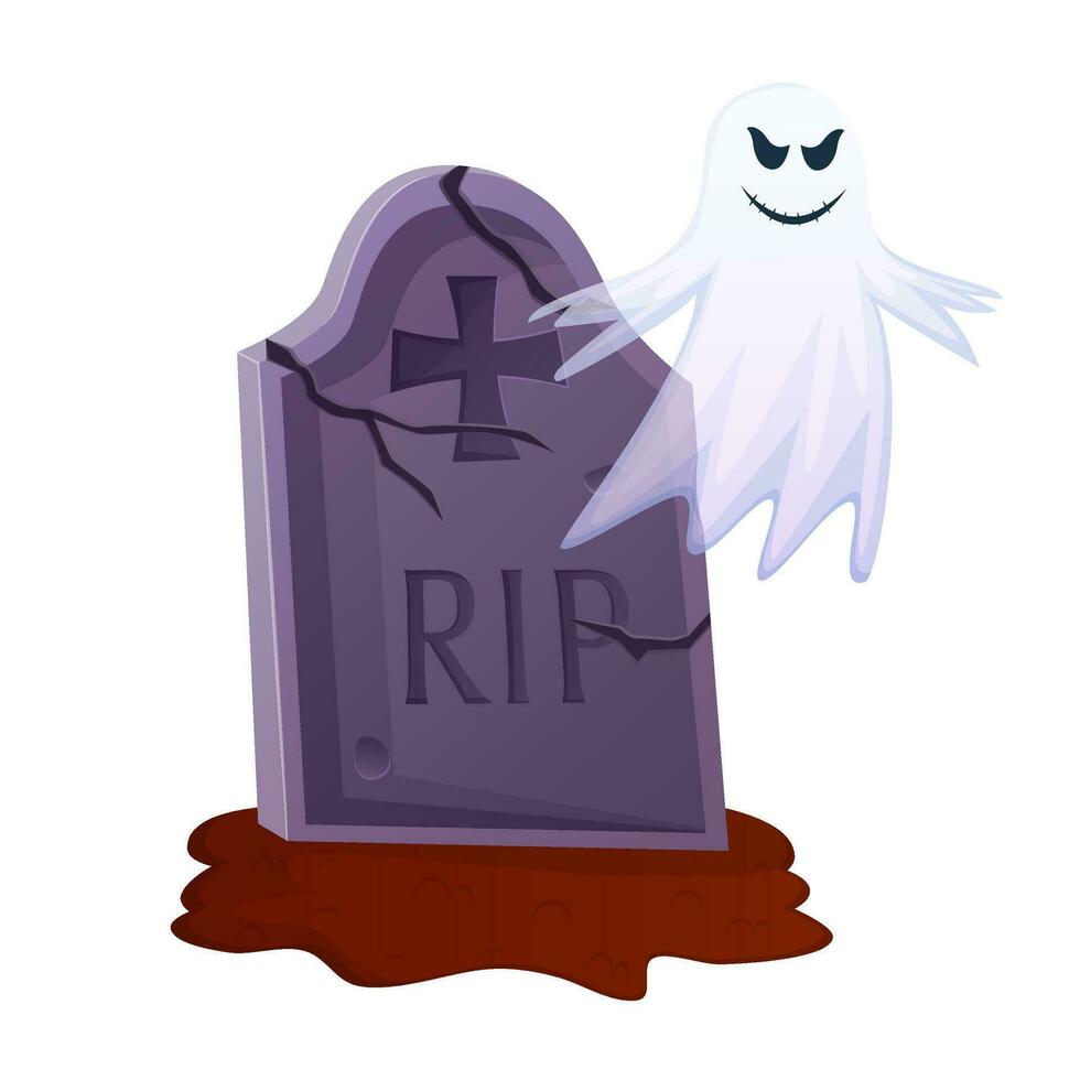 Old creepy grave with tombstone and  ghost vector