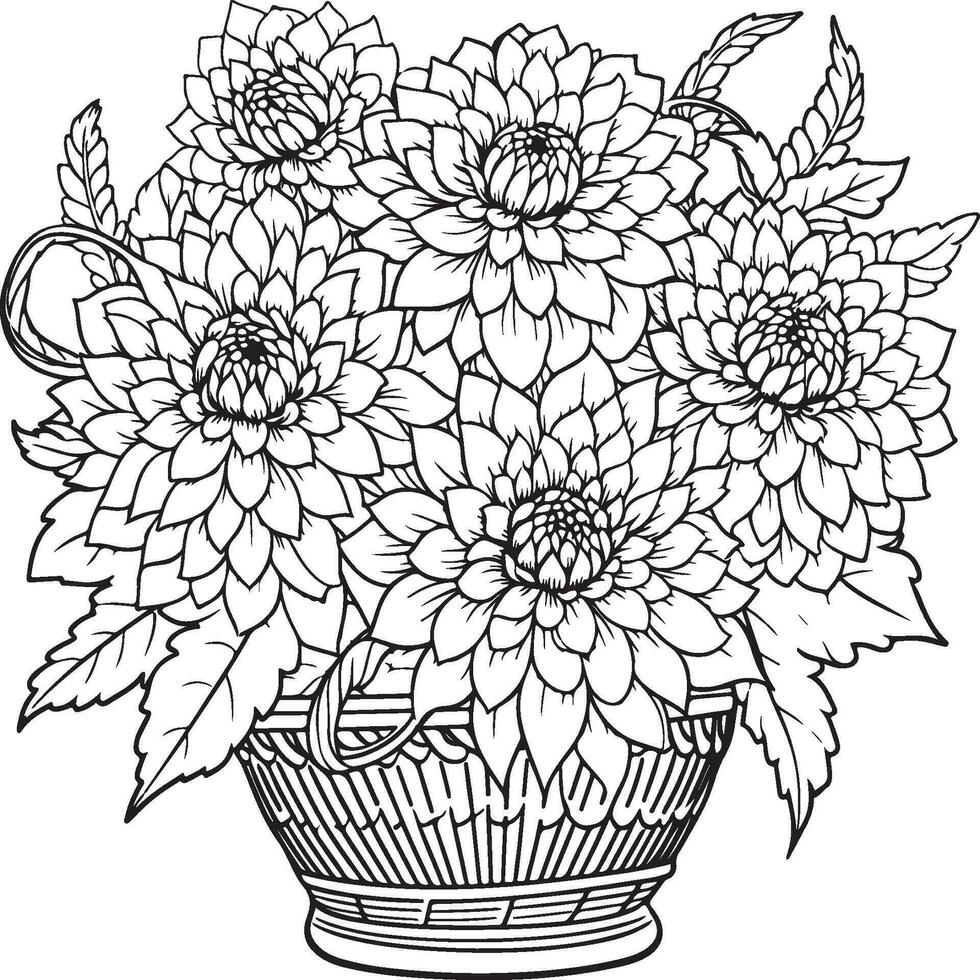 coloring page depicting a Carnation basket of flowers vector