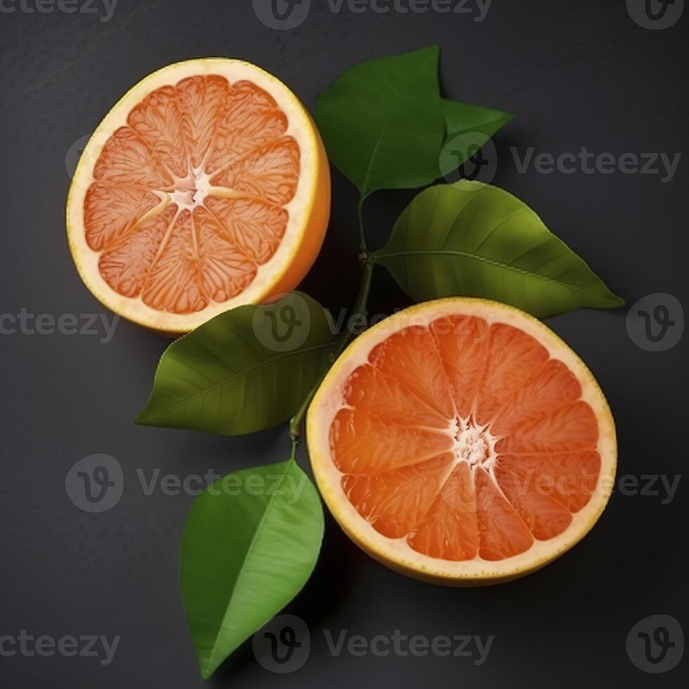 Slices of orange grapefruit with a leaf. . photo