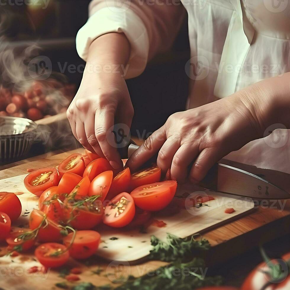 Unknown woman hands cooking in kitchen red tomatoes Fruit and   food concept photo