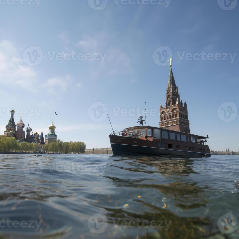 The bottom of the sea is home to a boat with a Kremlin tower. . photo