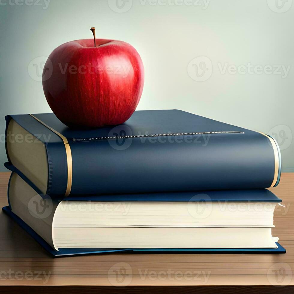 Books, apple and blackboard theme back to school concept, great to use for business, presentations, websites, blogs etc. Ai Generated Image photo