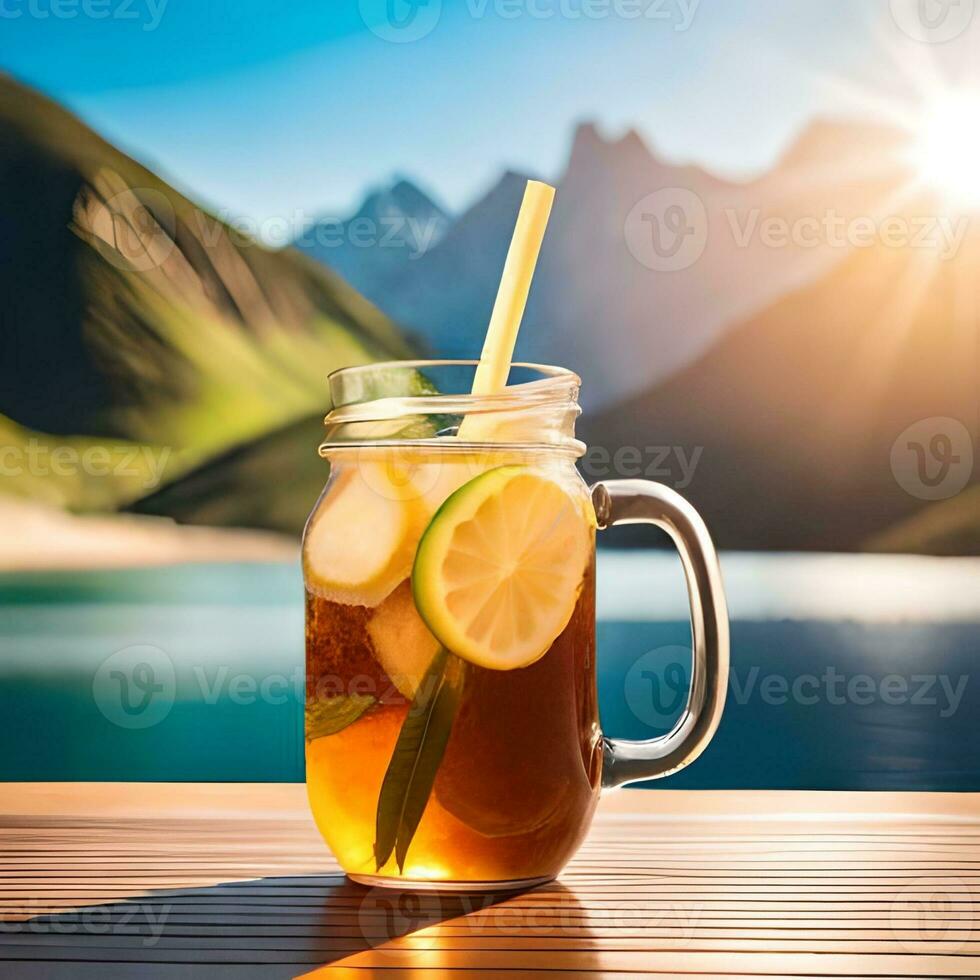 Lemon tea drink served with glass filled with ice and lemon slices exotic background of mountains, rivers, lakes great for business, wallpaper, blog, company, website etc. Generative AI technology photo