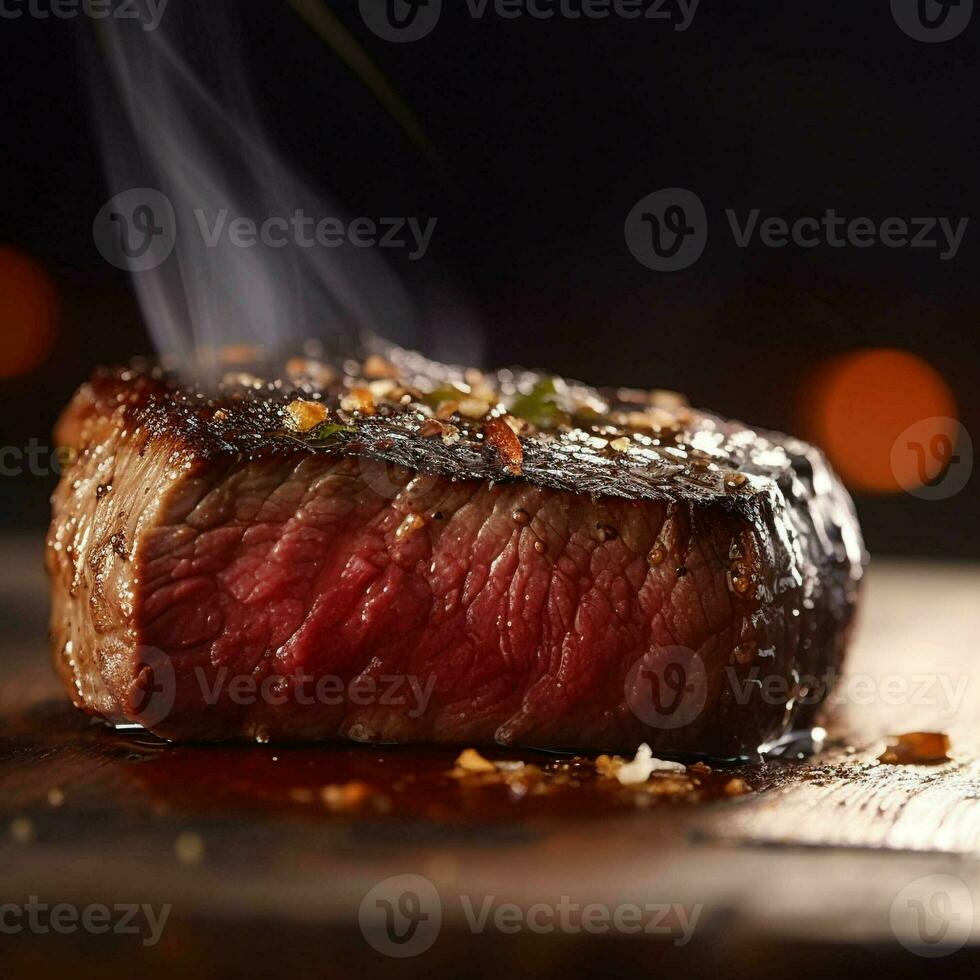 A steak on a cutting board with herbs and spices. generative ai. photo