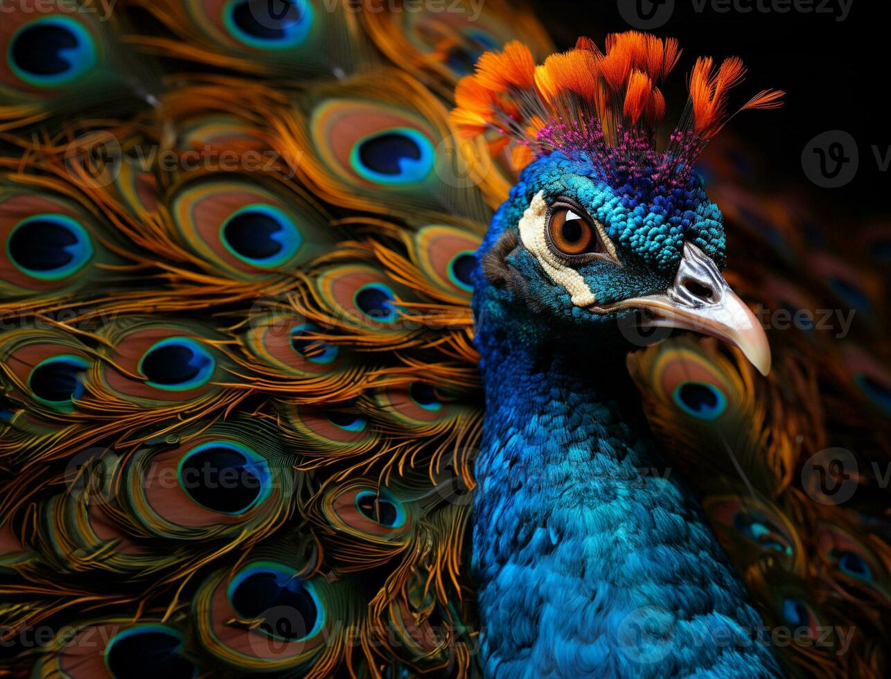 Portrait Of Beautiful Peacock with it feathers all spread out to attract a mate. Generative AI. photo