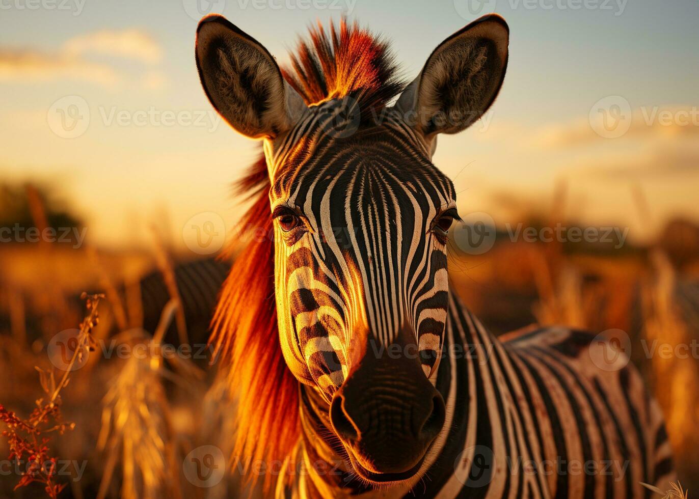 zebra in the field backlit warm lighting sunset nature. Generative AI. photo